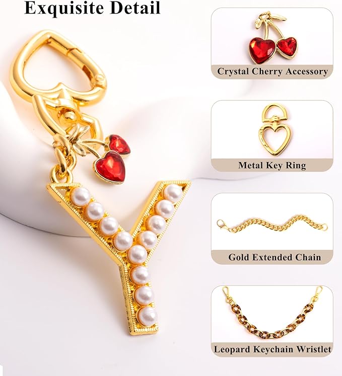 Pearl Initial Keychain with Leopard Bag Charms Wallet Chain Women Cute Alphabet Keychains Charm for Purse Handbag