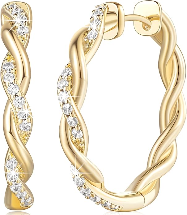 ENROSE Gold Plated Hoop Earrings 14K Gold Plated Earring for Women Twisted Large Hoop Earrings Minimalist Diamond Earring Jewelry 29mm*4mm