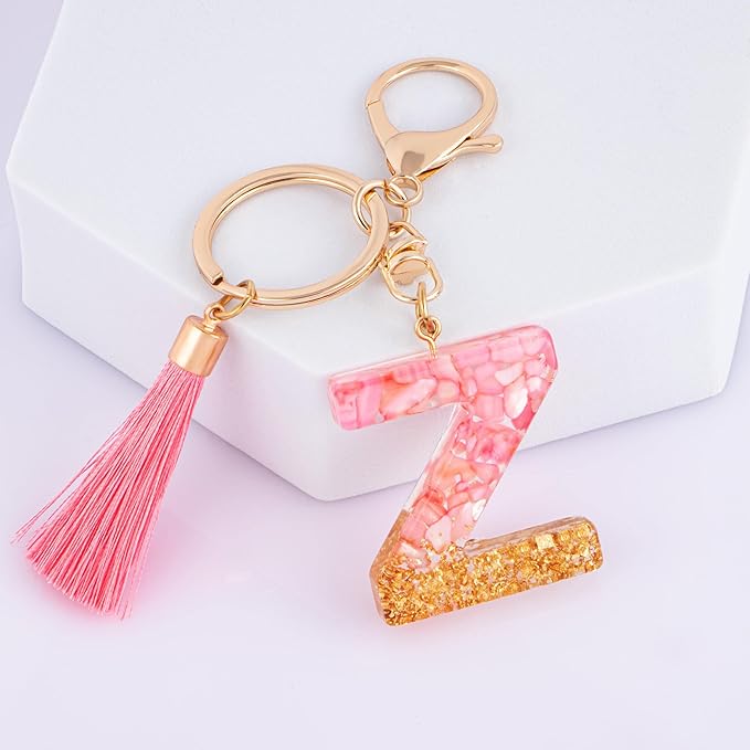 Suweibuke Cute Pink Key Chains for Women Girls, Initial Letter Keychains with Tassel, Charms for Key Purse Handbags Backpacks