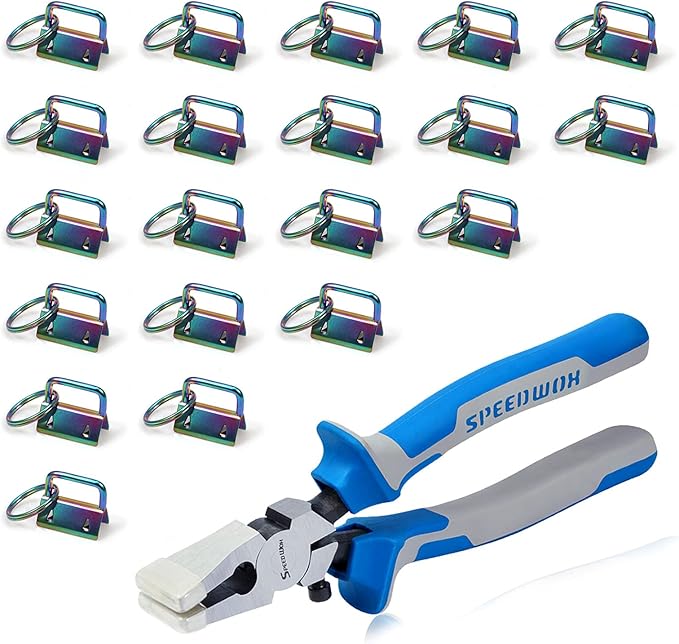 SPEEDWOX 20 Pcs 1" Rainbow Key Fob Hardware Set with Key Fob Pliers, 8 Inches Glass Breaking Pliers with Rubber Tips TPR Handles, for Wristlet Keychain Key Lanyard Making