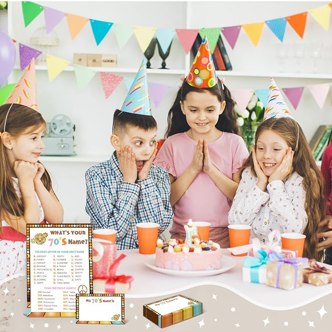 What's Your 1970's Name Game, 1 Double Sided Sign & 30 Sticker Cards, Disco Themed Birthday Party Games for Adults & Kids, Perfect for 70's Themed Party Decorations, Fun for 30 People
