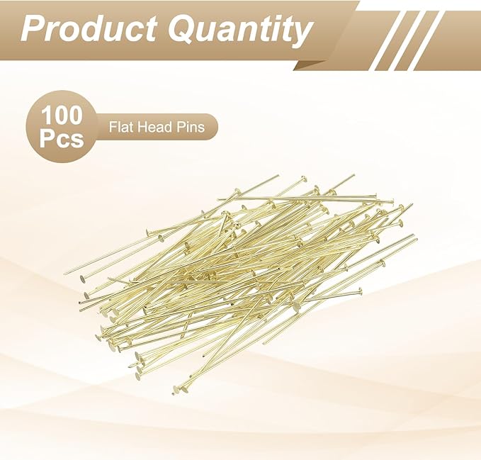 HARFINGTON 100pcs Flat Head Pins 1.57" 40mm Needles Bulk for Earring Pendant Necklace Bracelet Charm Jewelry Making Findings DIY Craft, 14K Gold