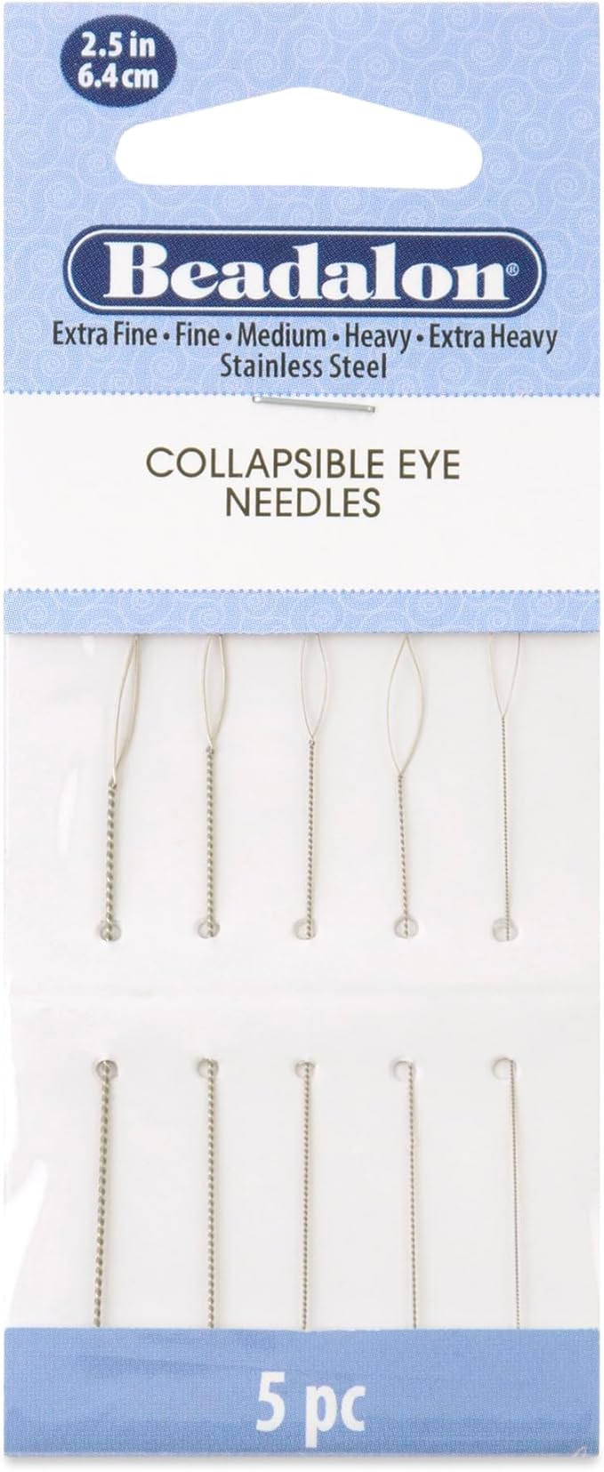 Beadalon Collapsible Eye Beading Needles, Variety 5 Pk - 2.5 inches: Extra Fine, Fine, Medium, Heavy, Extra Heavy