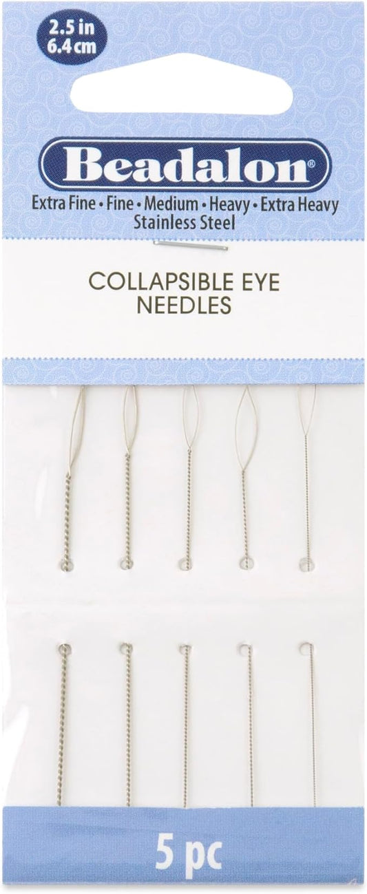Beadalon Collapsible Eye Beading Needles, Variety 5 Pk - 2.5 inches: Extra Fine, Fine, Medium, Heavy, Extra Heavy