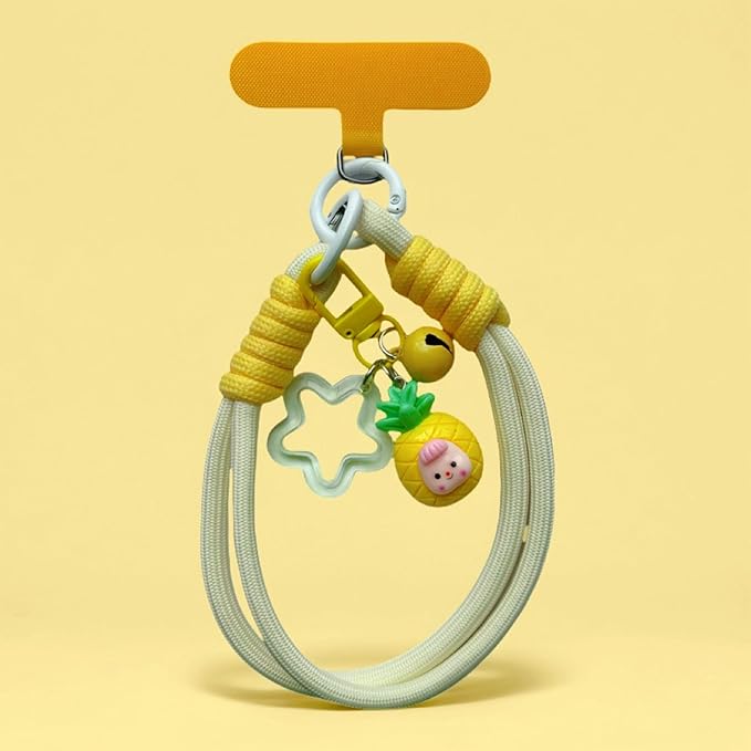 Dopamine Vibes Universal Wrist Strap - Korean-Style Short Phone Lanyard with Cute Yellow Pineapple Charm, 7mm Rope, Trendy Anti-Theft Tether for Girls, Includes Pendant & Nylon Phone Tab