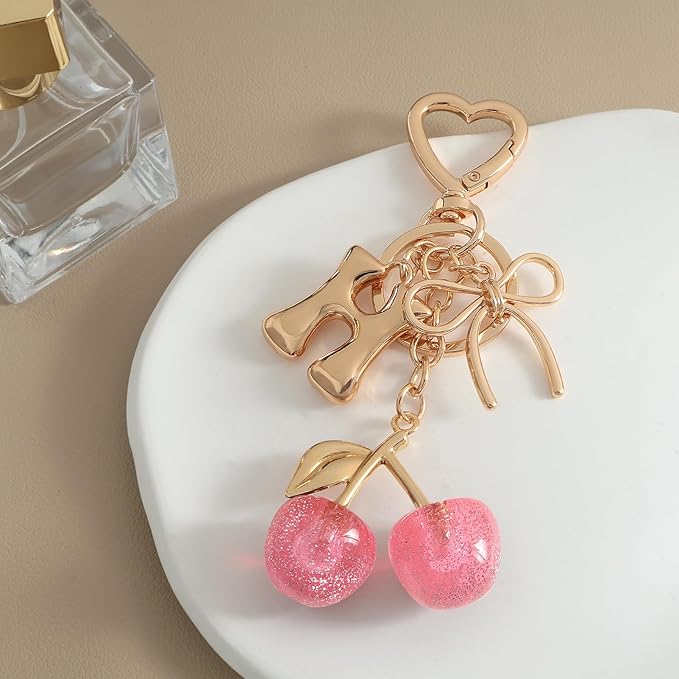 Snycler Bubble Initial Keychain with Cherry & Bow - Gold Letter Bag Charms for Women, Cute Purse Handbag Accessories