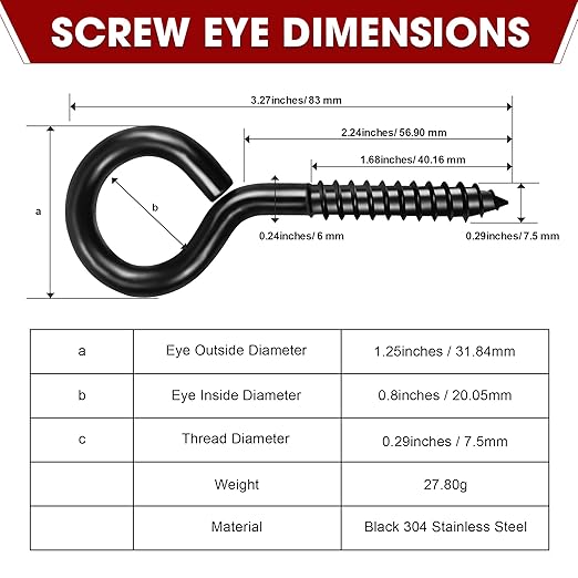 8PCS Screw Eyes, 3.2 Inch Black Eye Hooks Screw Self Tapping Eye, Heavy Duty Eye Bolt for Wood Securing Cables Wire, Hammock Stand, Indoor & Outdoor Use