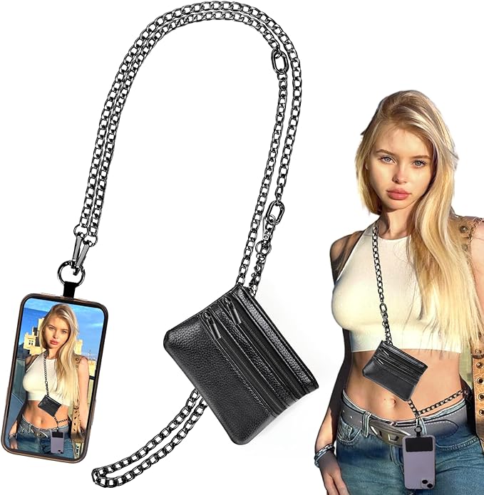 XANGNIER Clip and Go Strap for Phone with Wallet Crossbody, Phone Strap with Zippered Wallet, Adjustable Anti Theft Cellphone Lanyard for Women, Cellphone Chain Accessories,Chain Black