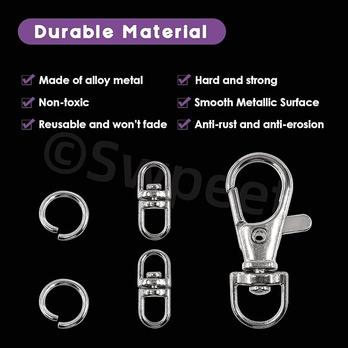 Swpeet Assorted 150Pcs Silver Keychain Making Kit, 50Pcs Swivel Lobster Claw Clasps, 50Pcs Rotating 8-Shaped Buckle Claw Clasp, 50Pcs Jump Ring, Swivel Trigger Hook, Swivel Clasps Lanyard Snap Hook