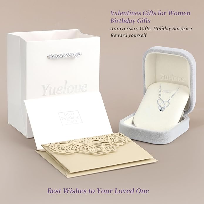 Yuelove Infinity Necklace for Women, 925 Sterling Silver Heart Necklace with 5A Zircon, White Gold Plated Adjustable Chain, Gift for Valentine's Day, Birthday, Anniversary for Wife, Girlfriend, Mom
