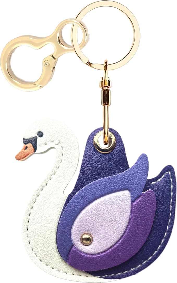 Leather Keychain Holder Case Compatible with AirTag,Cute Protective Cover with Keyring,Anti-Scratch Finder GPS Tracker Case for Wallet Keys,Bag,Pets(Swan Purple)