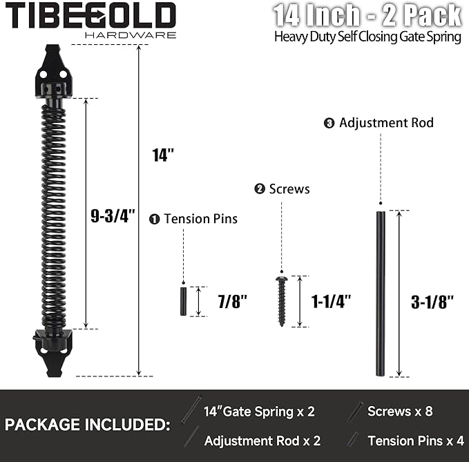 14" Gate Spring Self Closing, Heavy Duty Black Door Closer Spring, Adjustable Tensioner Automatic Outdoor Gate Closure, Gate Spring Hardware for Wooden and Vinyl Fence, 2 Pack