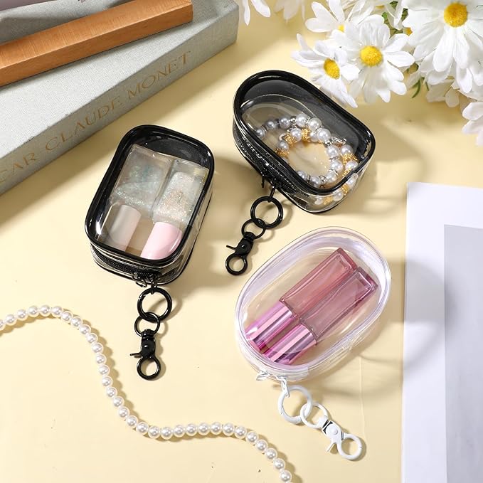 3 PCS Mini Clear Pouch with Keychain, Small Clear Travel Makeup Bag Figure Display Bag with Zipper, Portable Storage Pouch, Mini Zipper Pouches for Cosmetics Coin Organizer Showing off Blind Boxes
