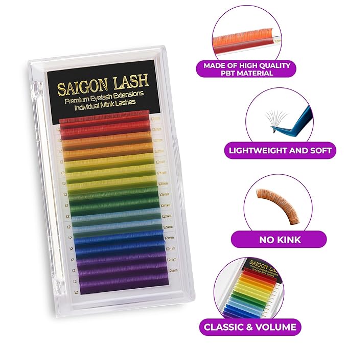 SAIGON LASH Eyelash Extensions, Mink Lash, Volume & Classic Lashes for Professionals, J/B/C/CC/D/L/M Curl, 4-15mm Length, Soft Korean PBT Fiber, 16 Rows Lash Tray (Rainbow-C-0.07-9mm)
