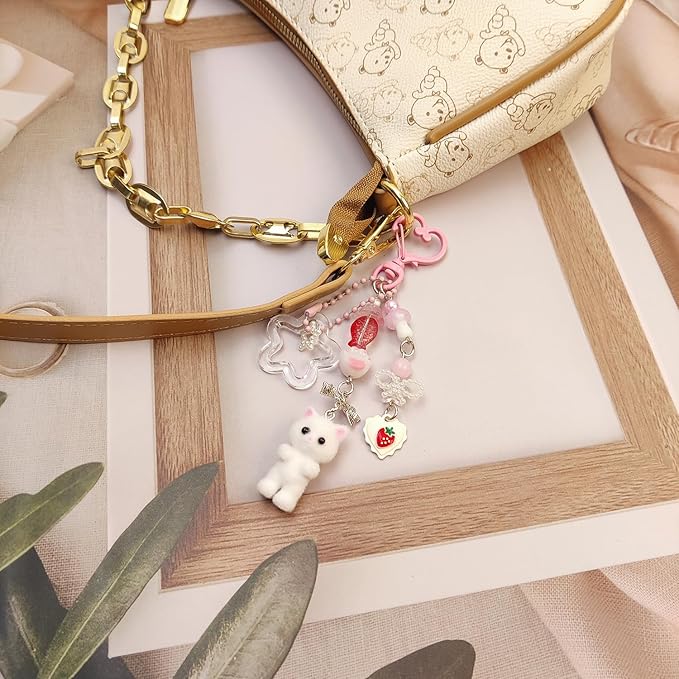 Cute Pink Keychain,Fuzzy Cat Keychain Aesthetic Y2K KeychainStylish KeychainsAccessories