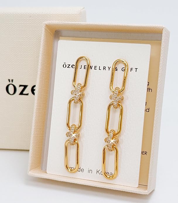 OZEL 14K Gold & Silver Plated Paperclip Chain Earrings with Cubic Zirconia – Dangle, Hoop, Huggie, Stud Styles – Women’s Fashion Jewelry Gift