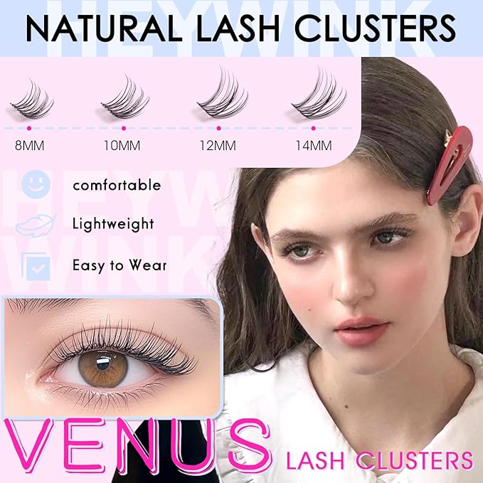 Venus Lash Clusters Kit Short 8-14mm D Curvature Natural Wispy Eyelash Clusters DIY Eyelash Extension Natural Lash Clusters Thin Invisible Lash Band Cluster Eyelash Extension(Venus Short Kit)