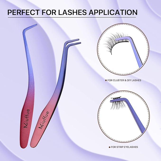 Miuffue Lash Applicator Tool DIY Eyelash Applicator Stainless Steel Curved Eyelash Tweezers for Cluster Lashes, Purple Gradient