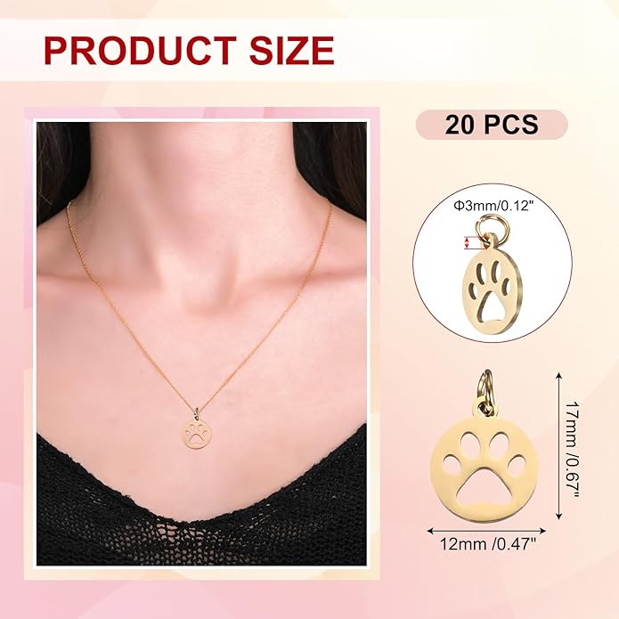 PATIKIL Dog Paw Print Charms 3mm, 20 Pcs Round Cat Dog Paw Pendant Cute Hollow Pet Animal Footprint Pendants Keychain Charm for DIY Jewelry Making Necklace Bracelet, Gold