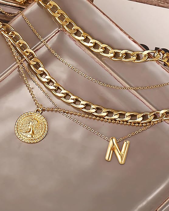 MJartoria Layered Necklaces for Women Trendy Balloon Initial Coin Pendant Necklace Dainty Chunky Chain Choker Necklaces Jewelry Birthday Gifts