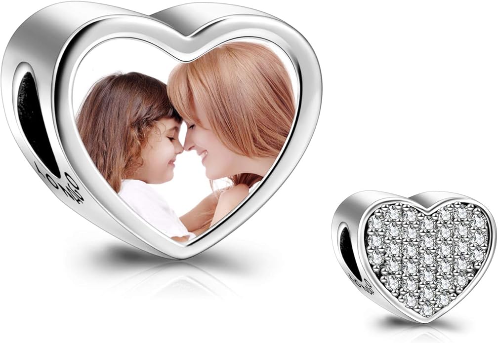 LONAGO 925 Sterling Silver Personalized Photo Charm Fit Compatible for Bracelet Necklace Customized Heart Round Shape Picture Bead
