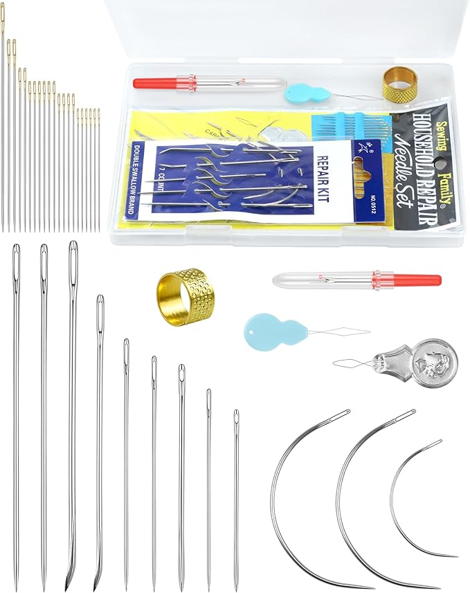 FIVEIZERO Heavy Duty Hand Sewing Needles Set - Large Eye Leather Sewing Needles for Hand Stitching,Upholstery, Carpet,and Canvas Repair, Including Curved Sewing Needles and Needle Threaders
