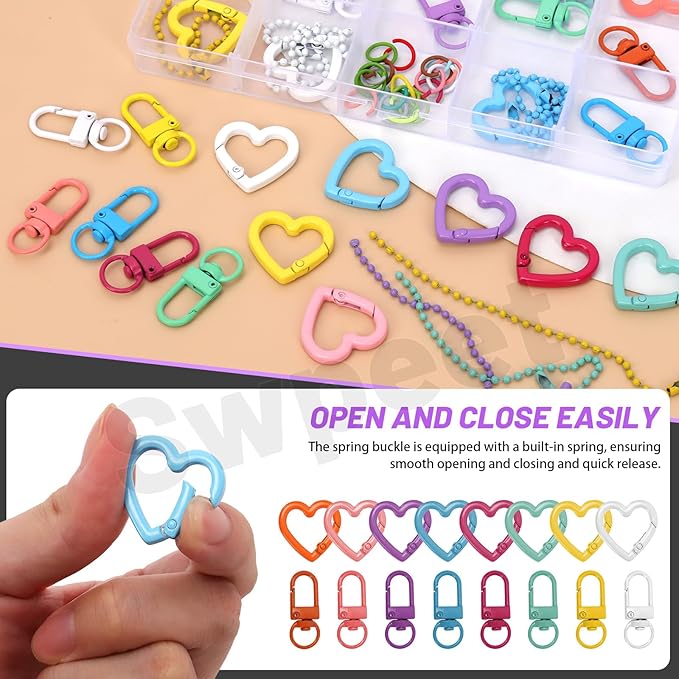 Swpeet 68Pcs 8Colors Swivel Lobster Claw Clasps with Heart Shaped Keychain Clips, Open Jump Rings and Ball Chains Assortment Kit, Metal Carabiner Keychain Clip for Connecting and DIY Craft Making