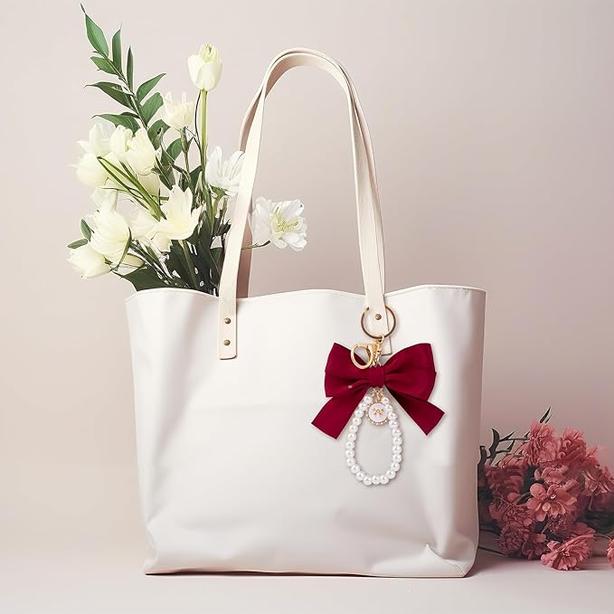 Joez Wonderful Pearl Bow Keychain, Cute Pink Bowknot & Pearl Keyring Charms, Aesthetic Keychain