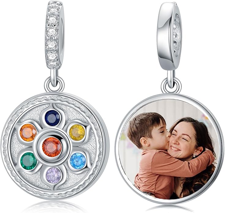 LONAGO 925 Sterling Silver Personalized Photo Charm Fit Compatible for Bracelet Necklace Customized Heart Round Shape Picture Bead