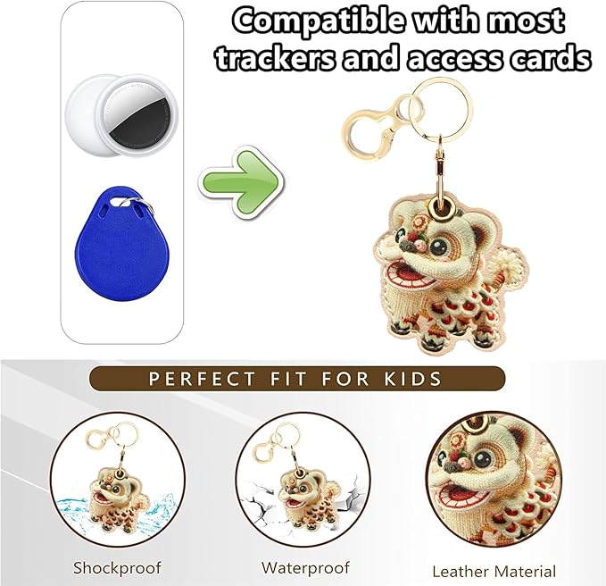 Leather Keychain Holder Case Compatible with AirTag,Cute Protective Cover with Keychain Ring,Anti-Scratch Finder GPS Tracker Case for Wallet Keys,bag,pets(Lion)