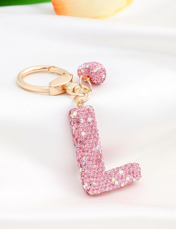 Initial Keychain for Women Girls,Bling Letter Key chain Initial with Heart,Pink Keychain Charms for Backpack Handbag
