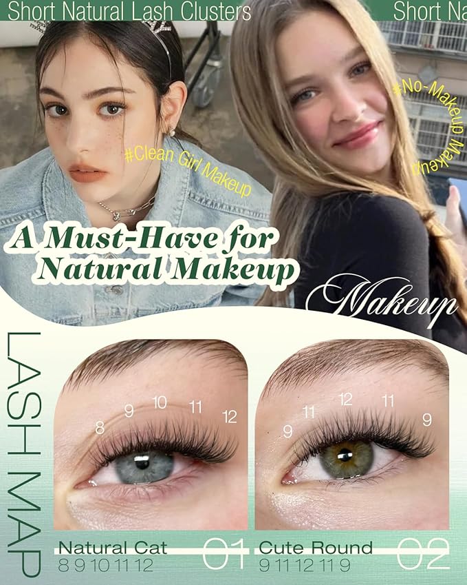 Short Lash Clusters Kit 8-12MM Natural Lash Extension kit Invisible Band Eyelash Clusters Wispy Cluster Eyelash Extensions C Curly DIY Cluster Lashes Bond and Seal Tweezers by Lvmixwig