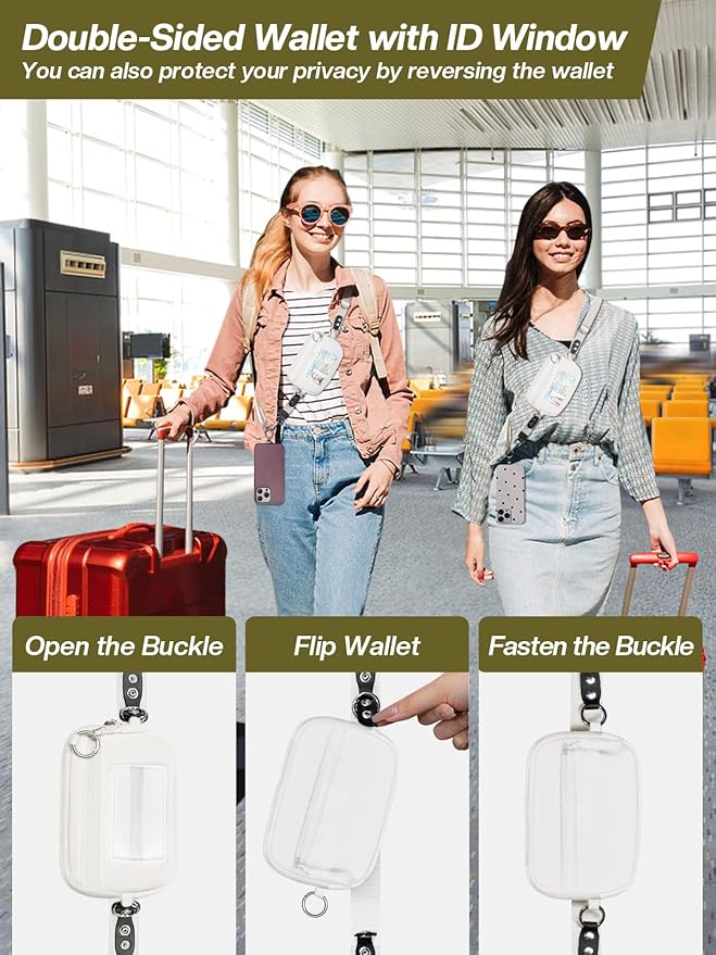 Clip and Go Strap for Phone with Wallet Crossbody Phone Lanyard Adjustable and Detachable RFID Wristlet Wallet with ID Window and Zipper, Cream
