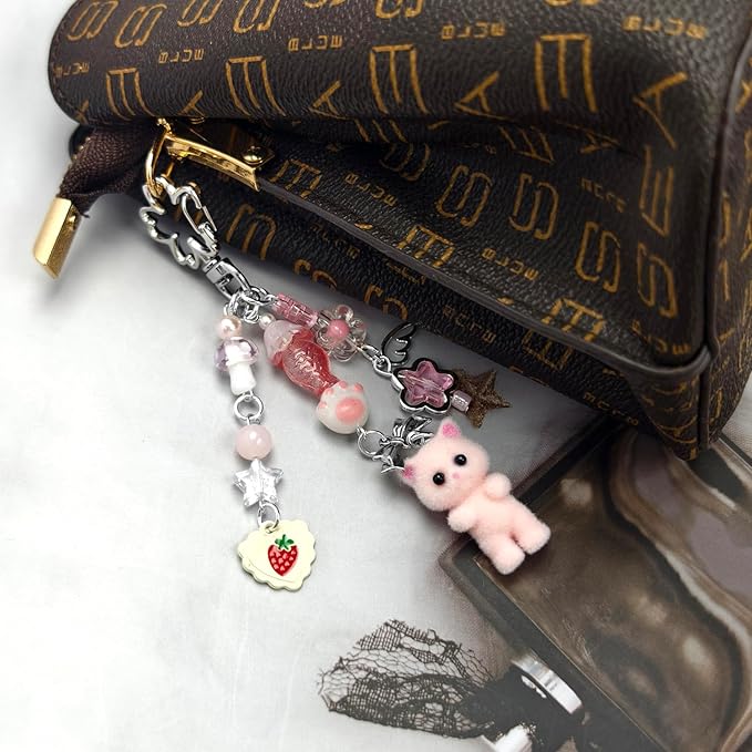 Cute Cat Keychain, Y2K Heart Bow Pendant, Kawaii Cat Bag Charm