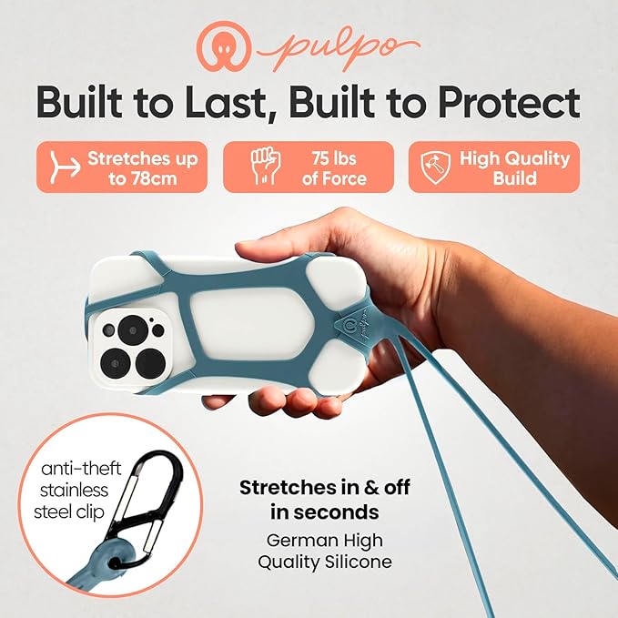 Pulpo Safety Cell Phone Lanyard Grey Fits Smartphones 6.1 to 6.8” - Anti Theft Phone Strap for Men & Women, Lanyards for Phones, Hiking Phone Holder & Cellphone Lanyard, Silicone Crossbody Straps