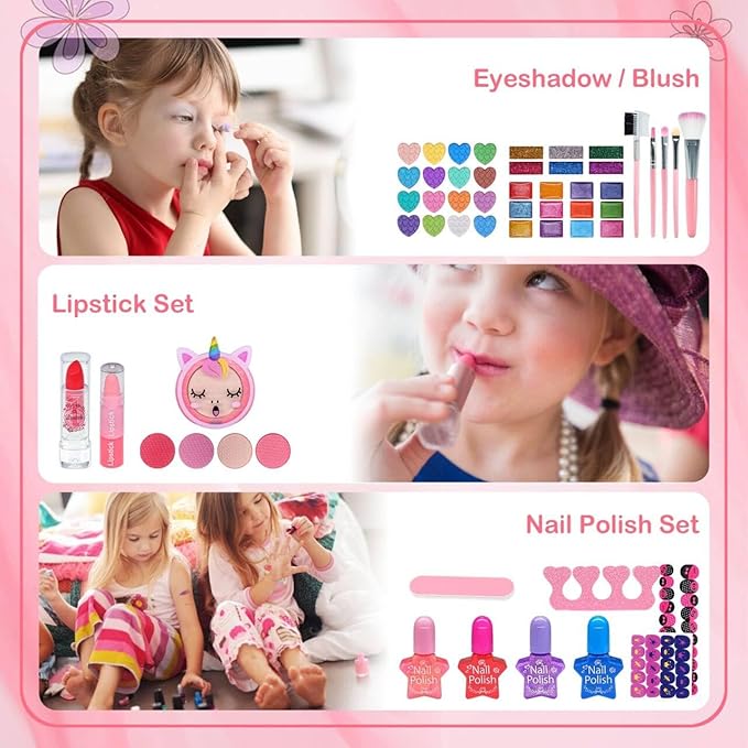 Kids Makeup Sets for Girls 5-8, 68 Pcs Kids Makeup Kit for Girls Non-Toxic Washable Real Cosmetic Set, Play Make Up Kit, Toddlers Birthday Gifts Princess Toys for 3 4 5 6 7 8 9 10 11 12 Year Old