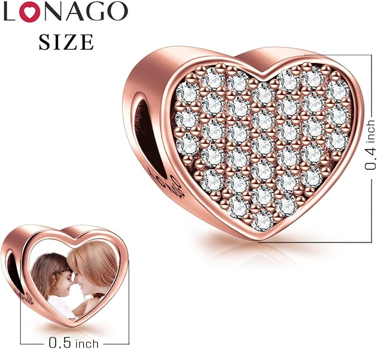LONAGO 925 Sterling Silver Personalized Photo Charm Fit Compatible for Bracelet Necklace Customized Heart Round Shape Picture Bead