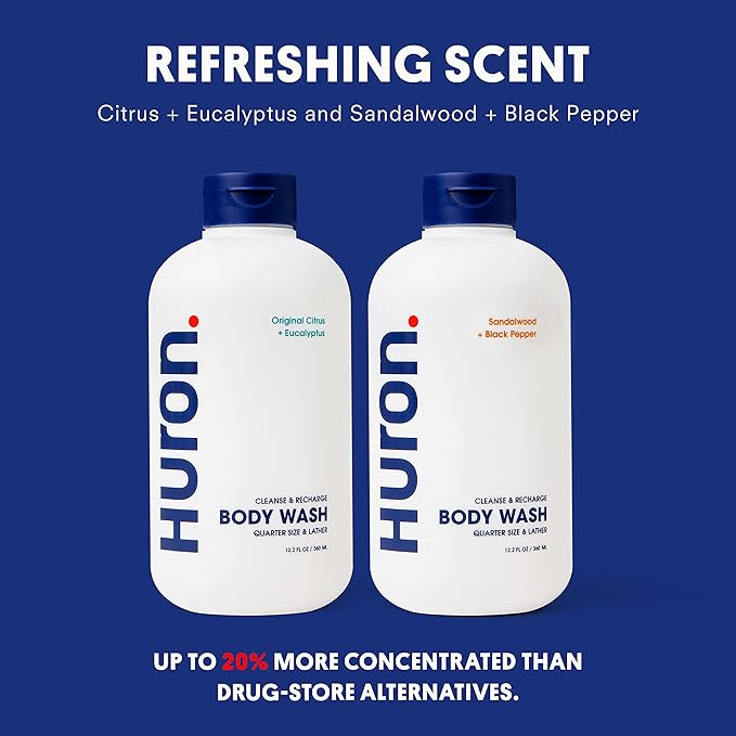 Huron Men’s Moisturizing Body Wash – Crisp & Invigorating Scent of Citrus, Eucalyptus, Mint, & Aromatic Greens - Made With Coconut Oil, Vitamin E & Witch Hazel – Vegan, Cruelty-Free - 12.2 fl oz