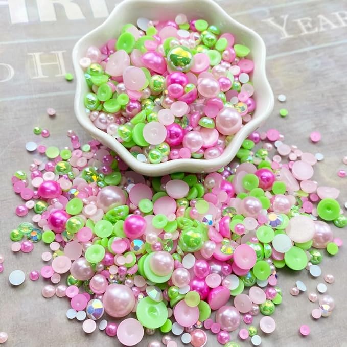 100g Mix Resin Rhinestones Flatback Half Round Pearls Mixed Size 3mm-10mm AB Color Half Pearls Resin Rhinestones for DIY Craft Nail Art Shoes Clothes Phone Case (Pink/Green Series)
