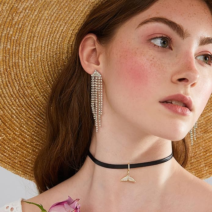 HERIER Rhinestone Earrings Dangling for Women Chandelier Statement Tassel Earrings Girls Silver Sparkly Drop Cubic Zirconia Crystal Earrings Long Dangle Costume Jewelry