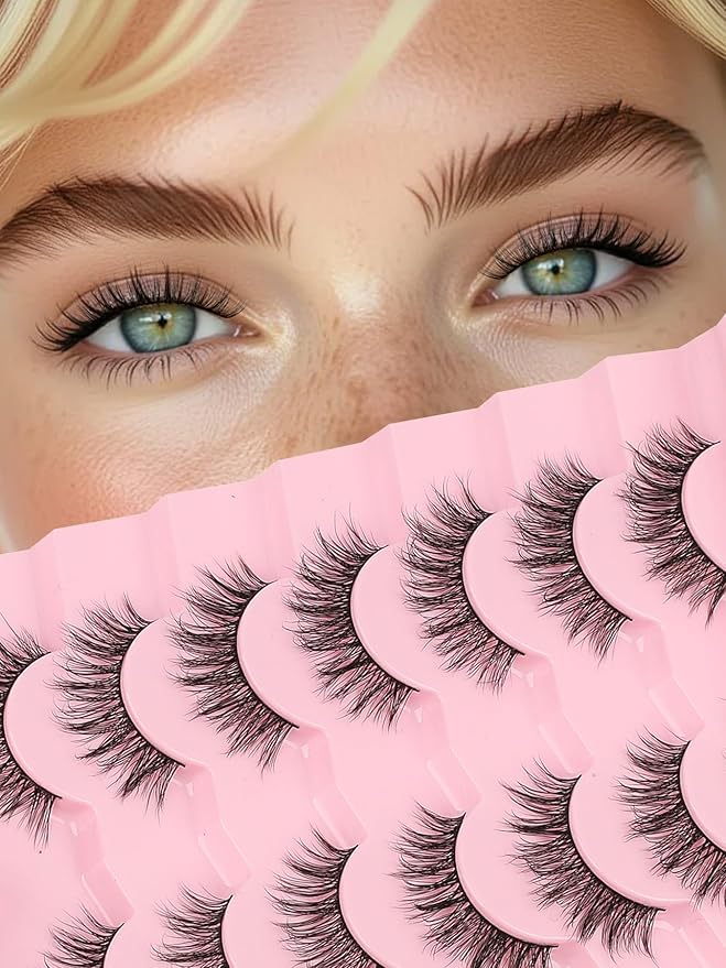Wispy Lashes False Eyelashes 16mm Strip Lashes Fluffy Eyelashes C Curl Lash Strips Fake Eyelashes Natural with 0.1MM Thin Cotton Band Siligli 3D Volume Eyelash Pack 7 Pair