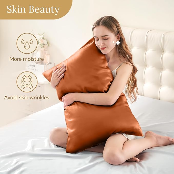 INFIIXSO Silk Pillow Cases 2 Pack Standard Size, Ultra Smooth & Soft Mulberry Silk Pillow Case for Hair and Skin, Breathable Cooling Silk Pillowcase with Hidden Zipper (Brunt Orange, 20x26 Inches)