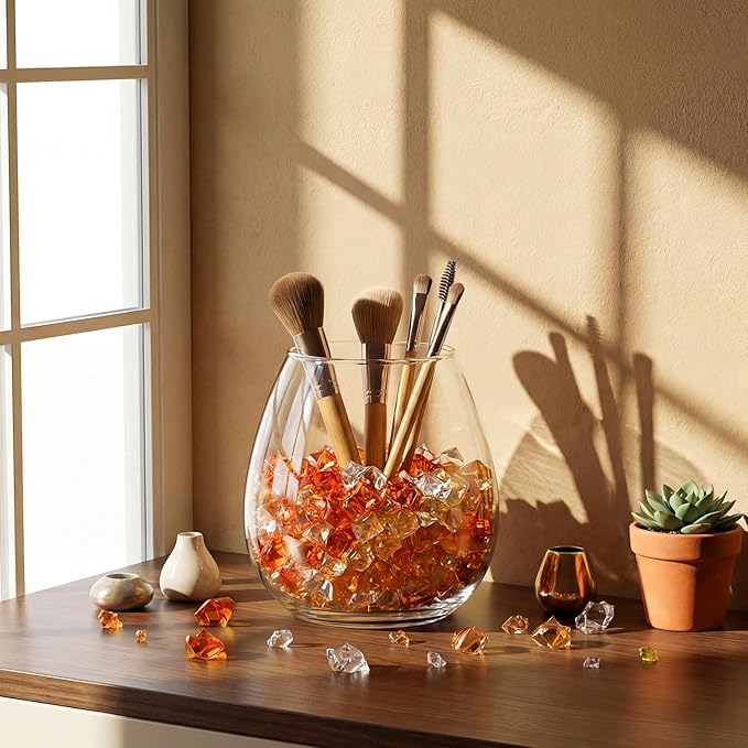 Syhood 570 Pcs 5 Sizes Orange Clear and Amber Fake Crushed Ice Rocks Acrylic Crystal Gems Plastic Diamonds Marble for Christmas Vase Fillers Decoration Wedding Holiday Table Scattering Room Decor