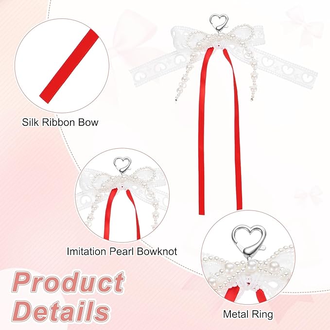 MECCANIXITY Pearl Bow Keychain, Y2k Aesthetic Hollow Heart Bowknot Ribbon Keyring, Cute Bag Charm for Tote Bags Purse Handbag