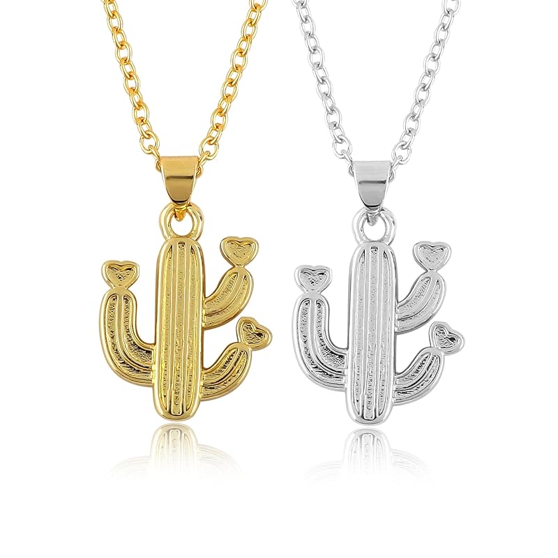 JOR Cactus Charm Pendant Necklace, Men & Women Unisex Jewelry, Dainty Gold & Silver Plated Combo Chain 18 inch (Pack of 2)