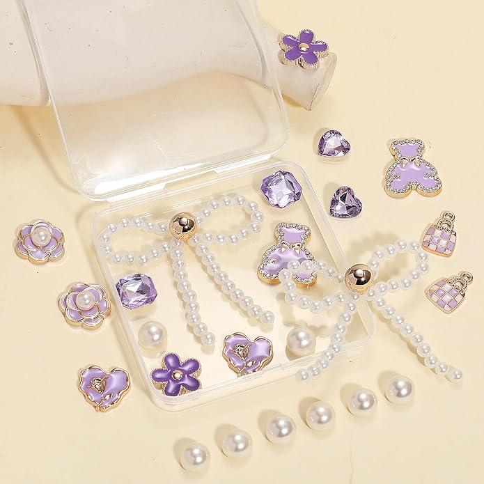 24Pcs Bling Pearl Bow Shoe Charms for Clog Sandals Women, Bear, Flower, Pearl Accessories, DIY Shoe Decoration Charms for Girls