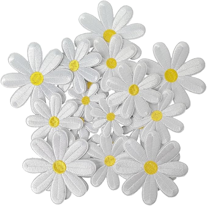 WILDREEDS 25 Pieces 3 Sizes Daisy Flower Iron on Patches, Iron Flower Embroidered Patch for Clothing, T-Shirt, Backpacks, Hats, Jeans, Jackets