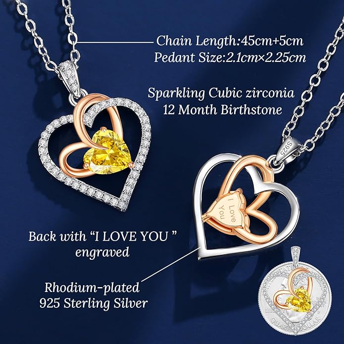 OOBEE Birthstone Necklaces for Women, 925 Sterling Silver Gemstone Fine Love Heart Moissanite Necklace, Ideal Birthday Anniversary Mothers Day Jewelry Gifts for Wife Mom Girlfriend Her
