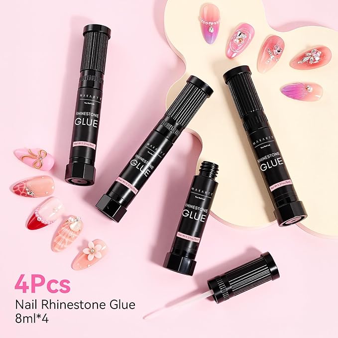 Makartt Nail Rhinestone Glue Gel-Upgrade Gel Nail Glue with Brush Pen Tip for Nail Charms Gems Super Strong Adhesive Precise for Nail Charms Crystals Rhinestone 3D Art Design Cured Need 8ml*4
