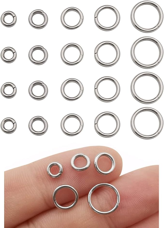 1000 pcs Mix 5mm 6mm 7mm 8mm 10mm Stainless Steel Rings Jump Rings Connector Rings for Jewelry Making Necklaces Bracelet Earrings Keychain DIY Craft (M535)
